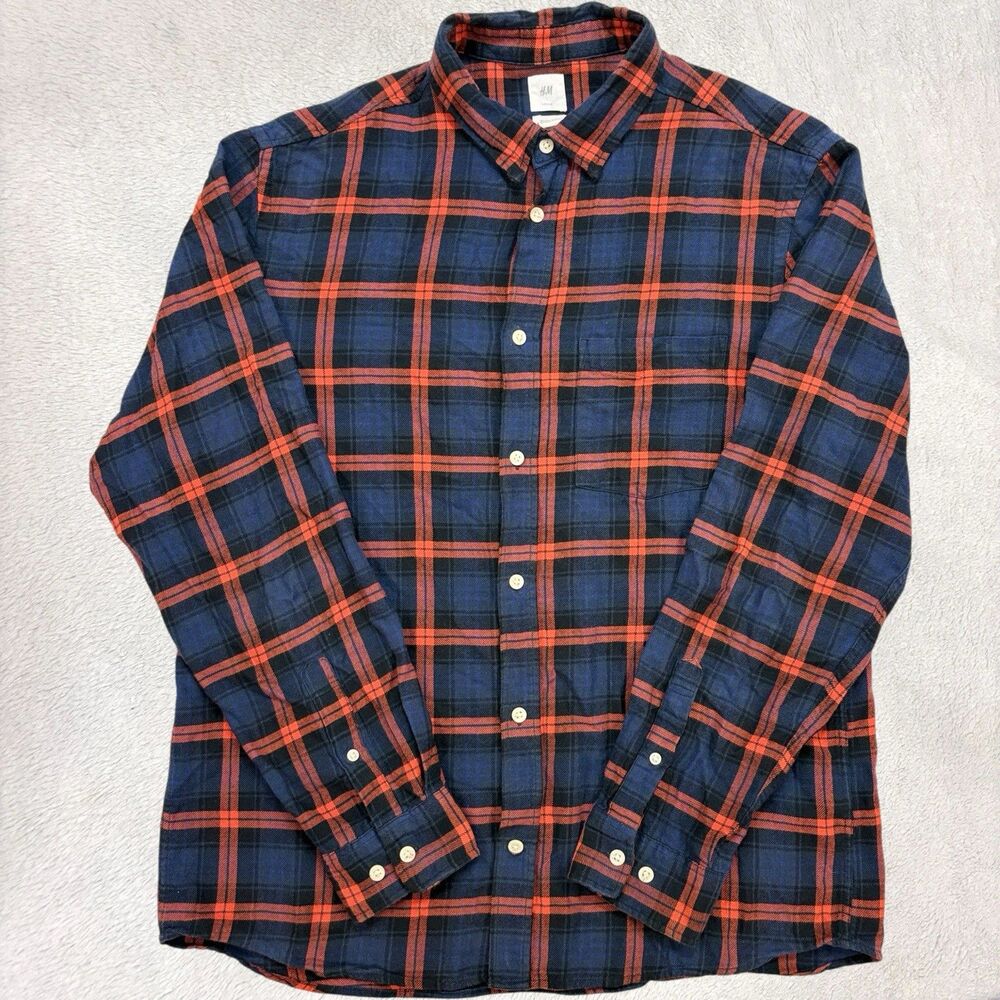 H&M L.O.G.G. Button Down Plaid Flannel Mens Size L Multicolor Long Sleeve Y2K